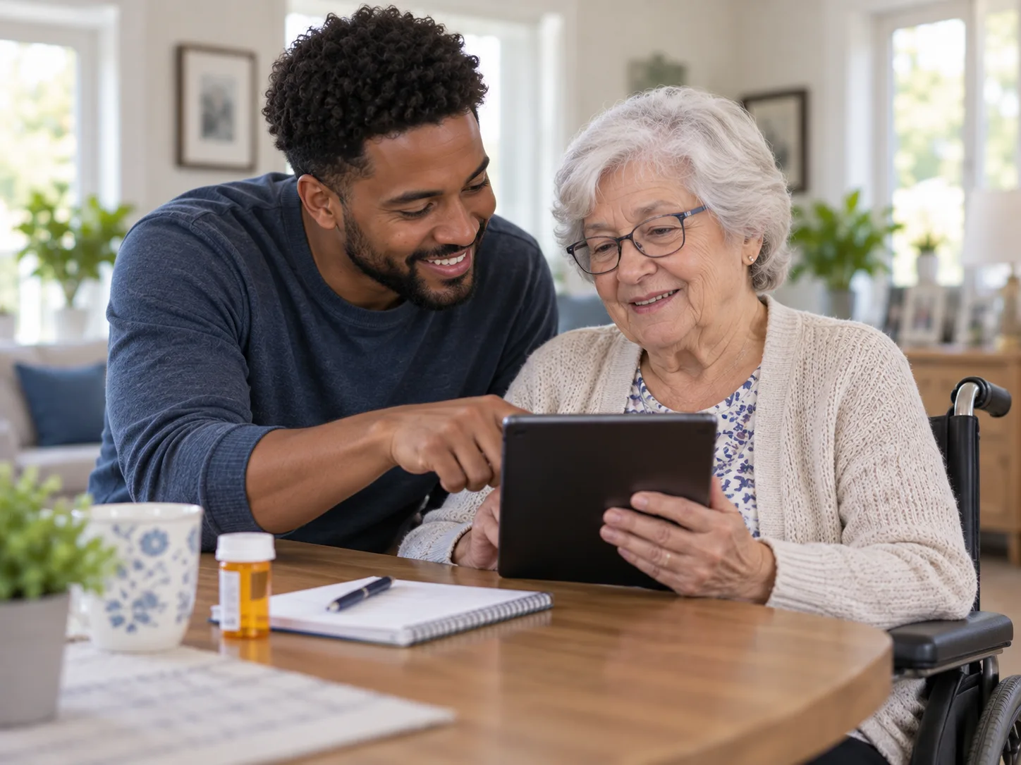 A caregiver and wheelchair user reviewing care information together on a tablet